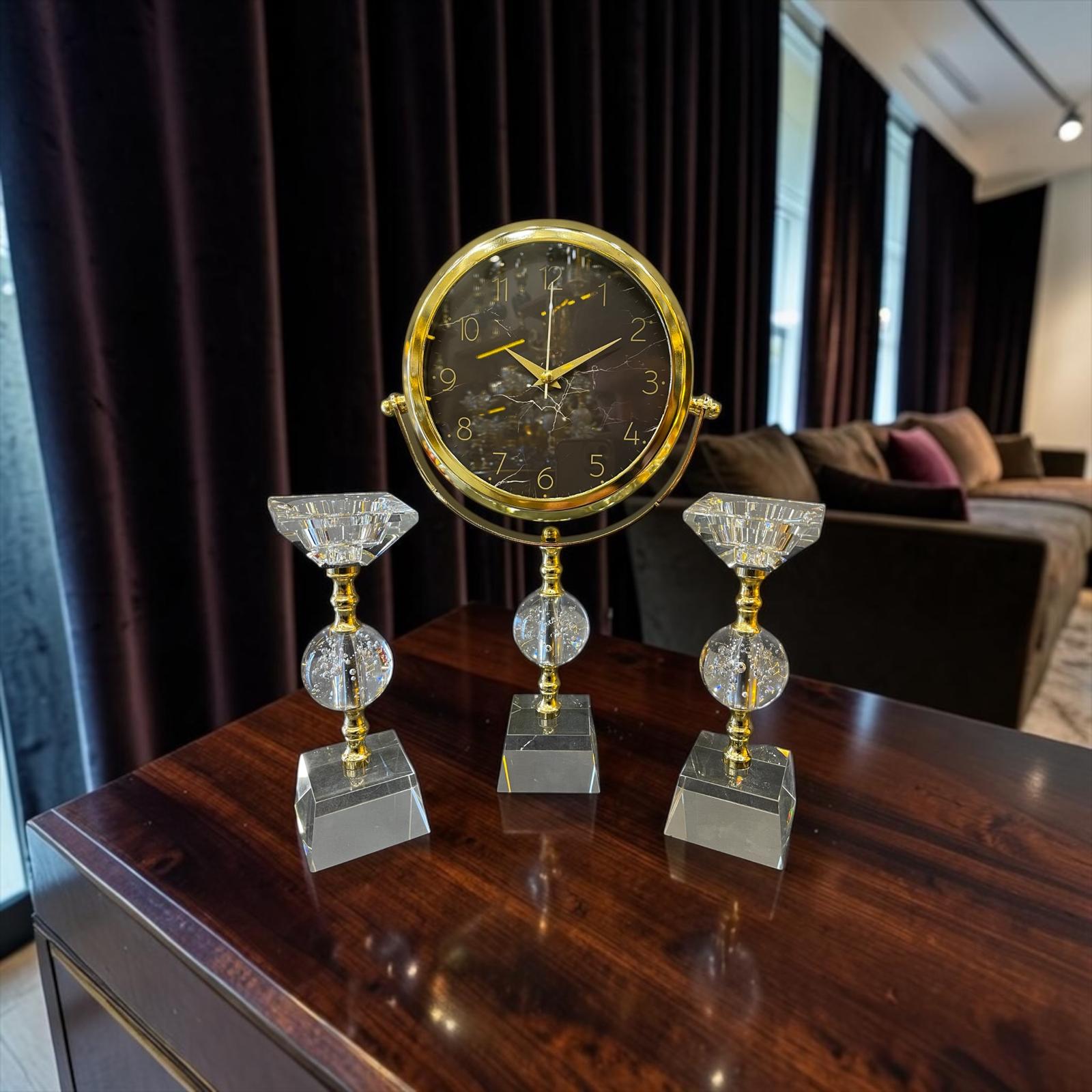 Crystal Gold Dekoratif Masa Saati Seti – Lüks Cam & Metal Modern Salon ve Ofis Aksesuarı& Sleep Nova