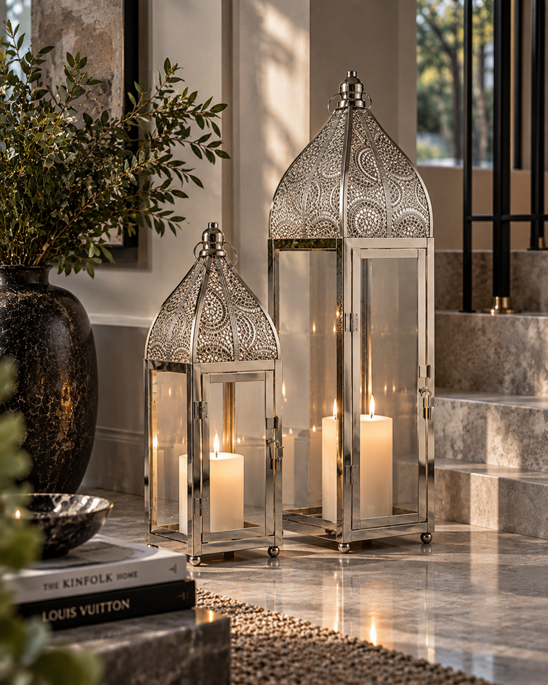 Gümüş Metal Camlı Dekoratif Fener 2’li Set