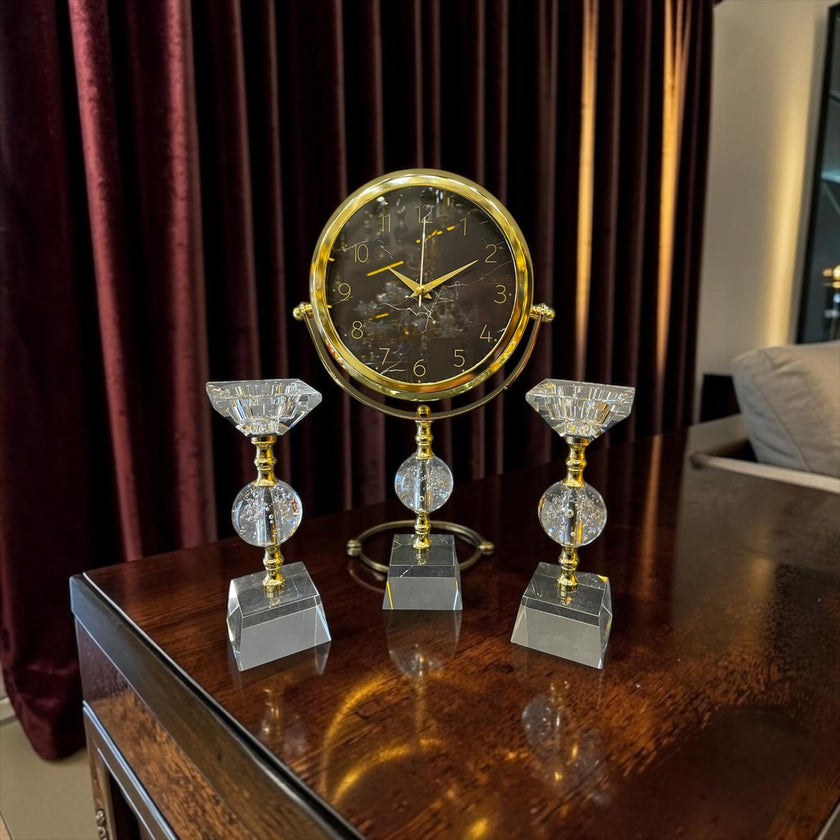 Crystal Gold Dekoratif Masa Saati Seti – Lüks Cam & Metal Modern Salon ve Ofis Aksesuarı& Sleep Nova