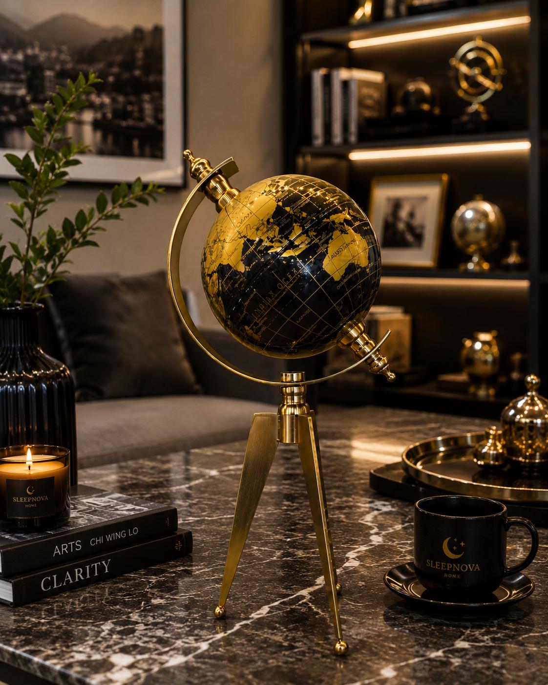 Gold Siyah Dekoratif Dünya Küresi – Metal Tripod Ayaklı Lüks Masaüstü Globe& Sleep Nova