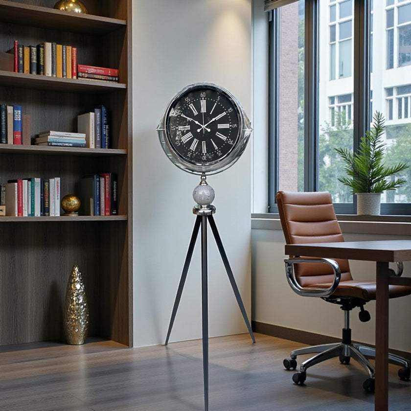 Royal Tripod Büyük Boy Metal Ayaklı Dekoratif Zemin Saati – Vintage Ofis & Salon Saat (Gümüş)& Sleep Nova