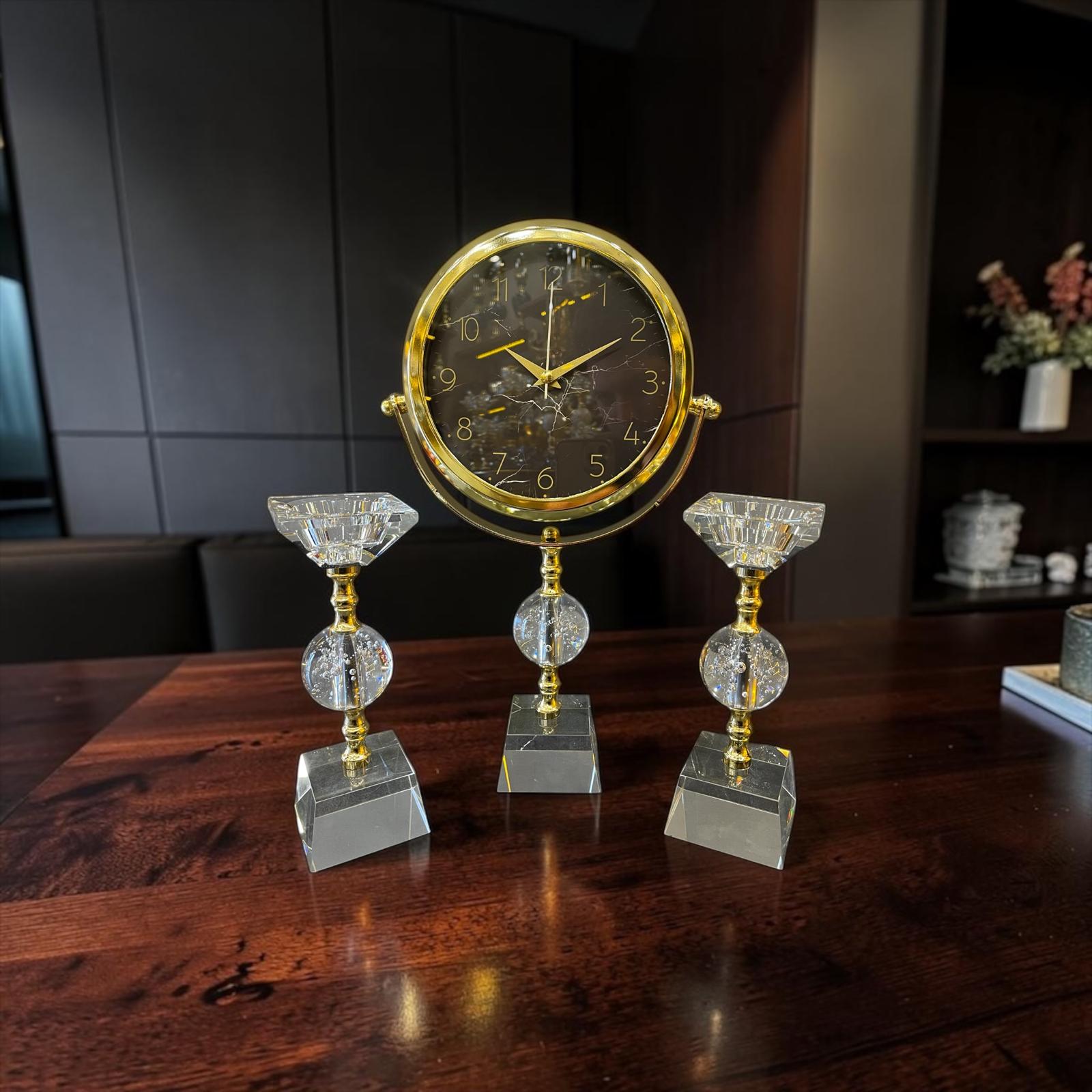 Crystal Gold Dekoratif Masa Saati Seti – Lüks Cam & Metal Modern Salon ve Ofis Aksesuarı& Sleep Nova