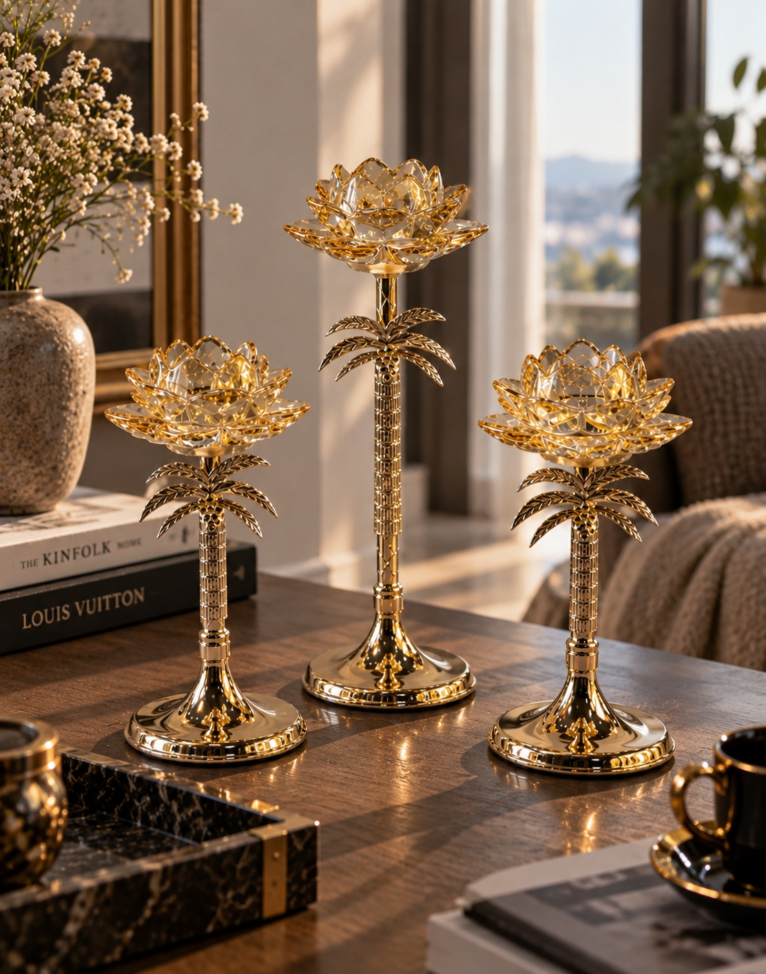 Gold Kristal Lotus Çiçeği Dekoratif Obje 3’lü Set