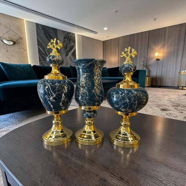 Emerald Black Marble Dekoratif Vazo & Obje Seti – Gold Detaylı Lüks Salon Aksesuarı (3’lü& Sleep Nova