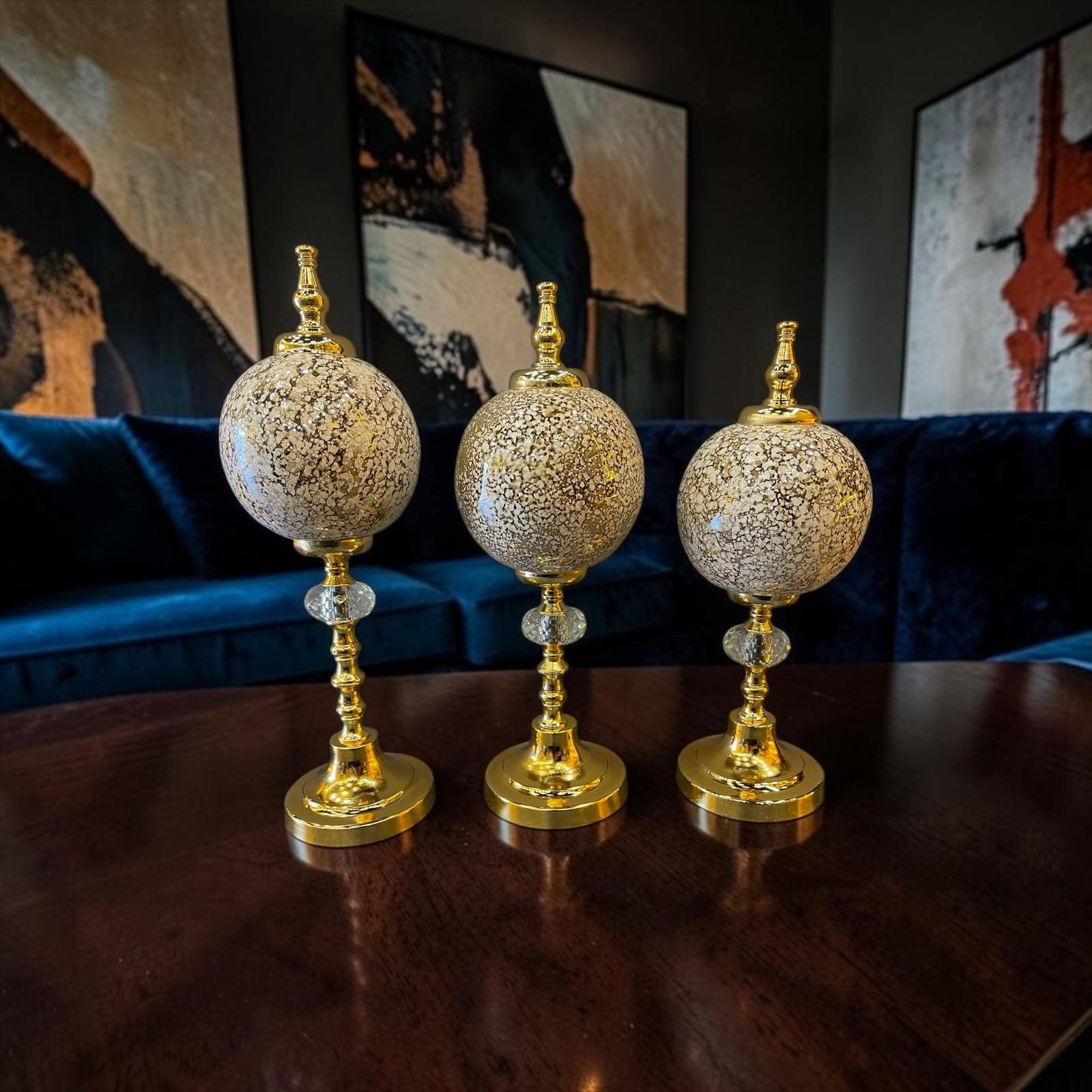 Ivory Gold Mosaic Küre Dekoratif Obje Seti – Krem Mermer Desenli Lüks Modern 3’lü Masa Üstü Ev Aksesuarı& Sleep Nova