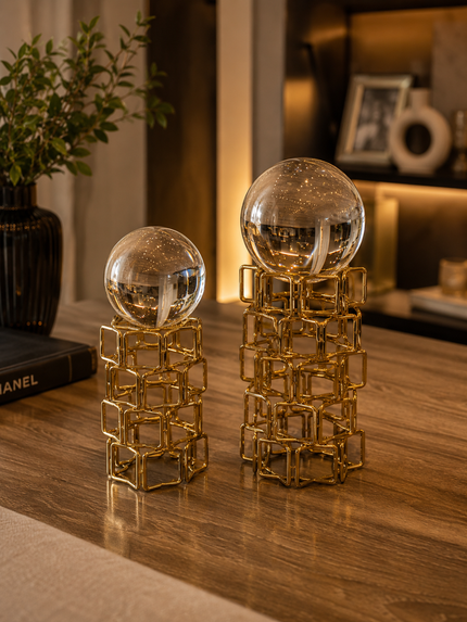 Royal Sphere Dekoratif Gold Metal Küre Biblo Seti Modern Salon Konsol Ofis Dekoru 2'li& Sleep Nova
