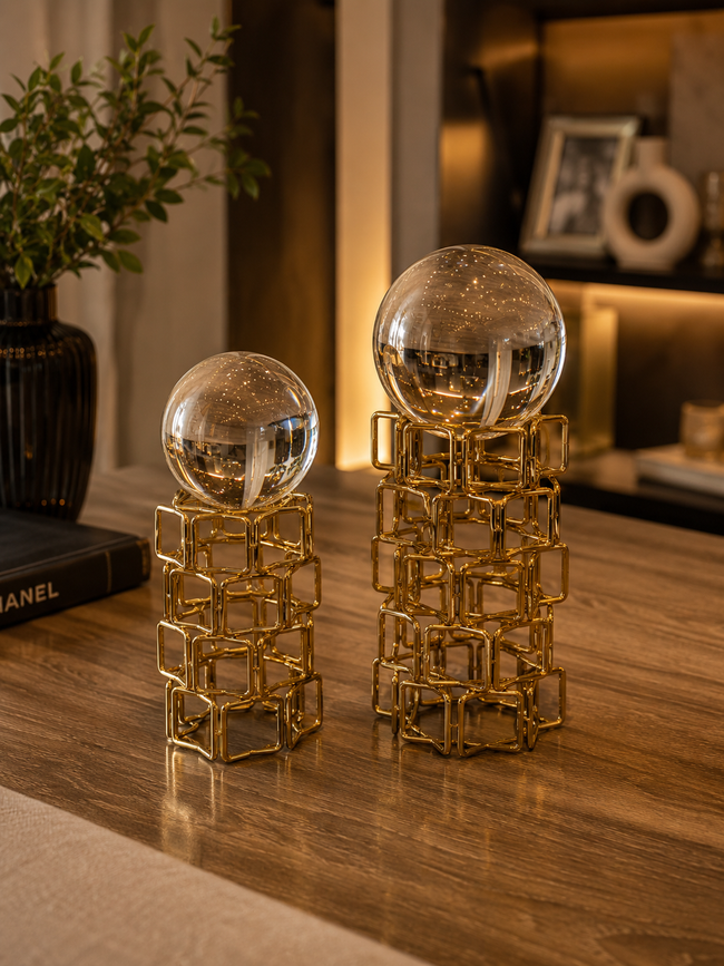 Royal Sphere Dekoratif Gold Metal Küre Biblo Seti Modern Salon Konsol Ofis Dekoru 2'li& Sleep Nova