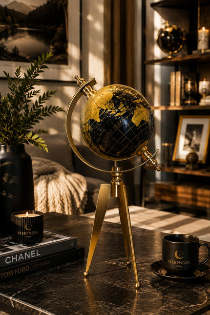 Gold Siyah Dekoratif Dünya Küresi – Metal Tripod Ayaklı Lüks Masaüstü Globe& Sleep Nova