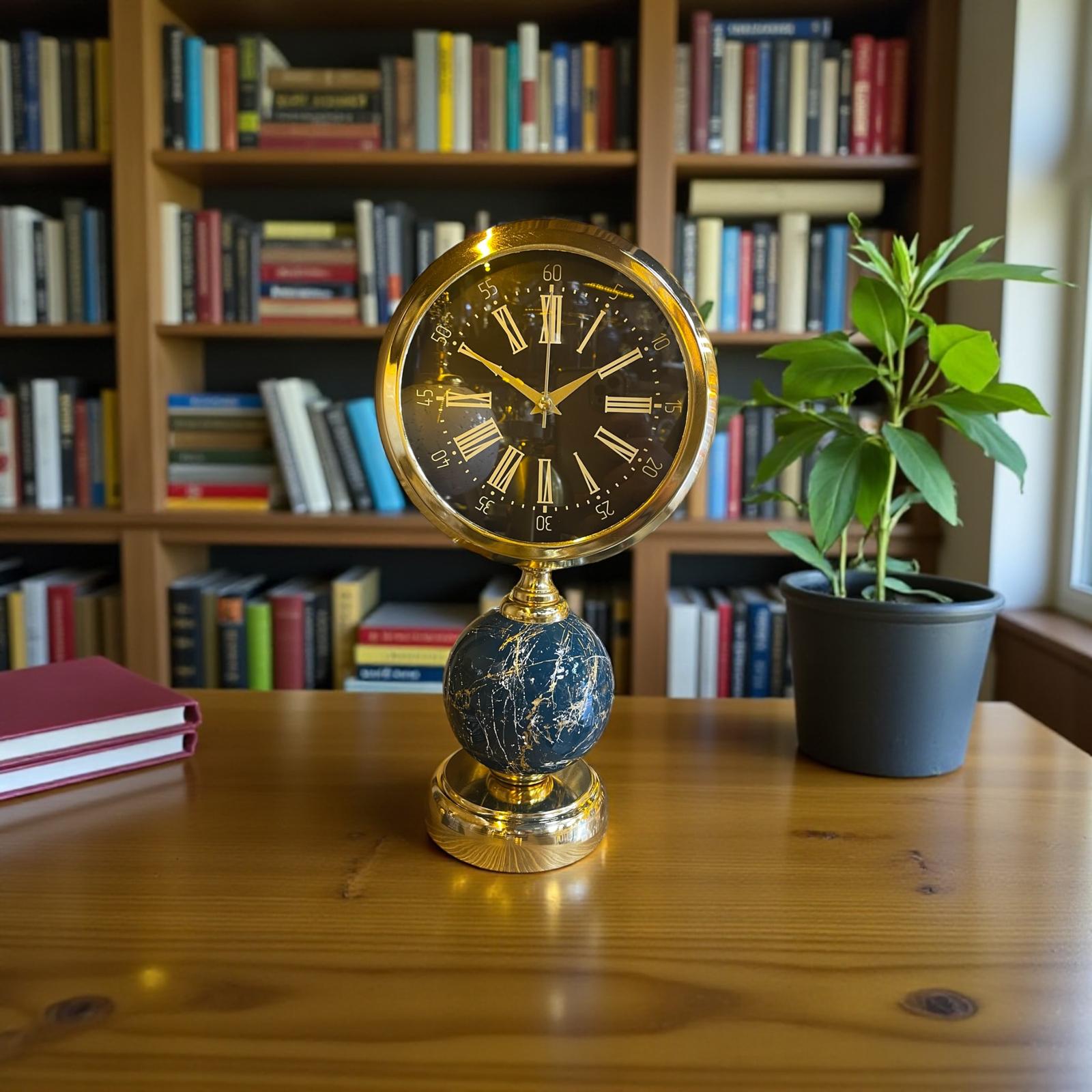 Imperial Globe Gold Dekoratif Masa Saati – Mermer Desenli Lüks Ofis & Salon Saat& Sleep Nova