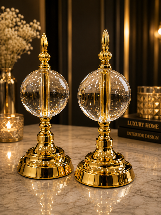 Gold Crystal Cam Küre Dekoratif Obje Seti – Altın Metal Modern Salon & Ofis Aksesuarı (2'li)& Sleep Nova