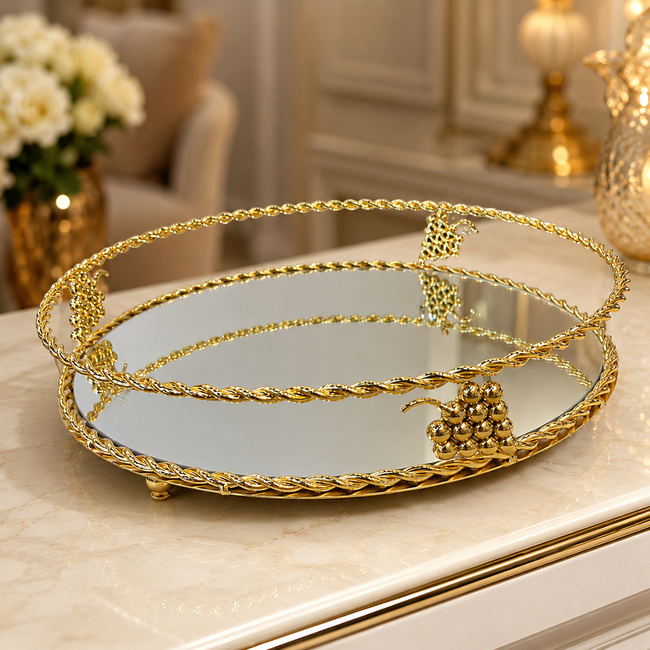 Gold Üzüm Motifli Aynalı Oval Dekoratif Tepsi Lüks Sunum Tepsisi& Sleep Nova