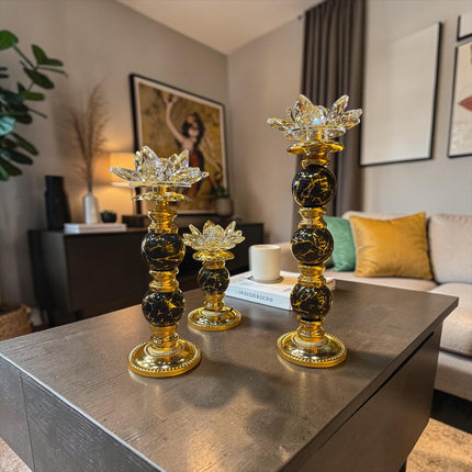 Lotus Kristal Dekoratif Şamdan Mumluk Gold Siyah Mermer Görünümlü Salon Masa Dekoru& Sleep Nova