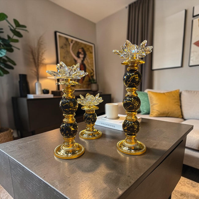 Lotus Kristal Dekoratif Şamdan Mumluk Gold Siyah Mermer Görünümlü Salon Masa Dekoru& Sleep Nova