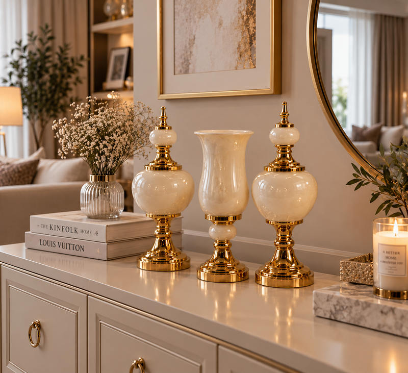 Fildişi Gold Dekoratif Vazo ve Küp 3’lü Salon Aksesuar Seti