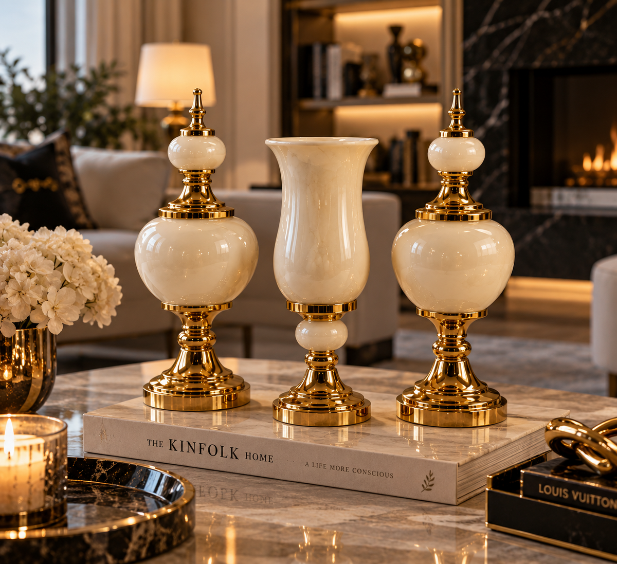 Fildişi Gold Dekoratif Vazo ve Küp 3’lü Salon Aksesuar Seti
