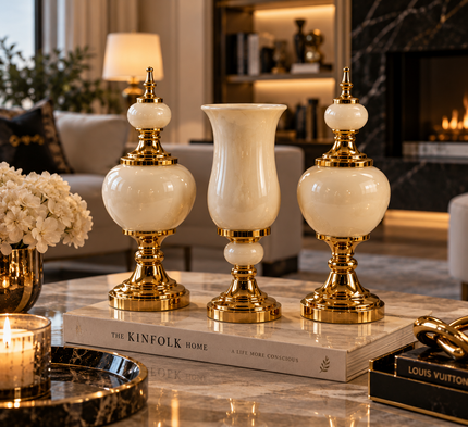 Fildişi Gold Dekoratif Vazo ve Küp 3’lü Salon Aksesuar Seti