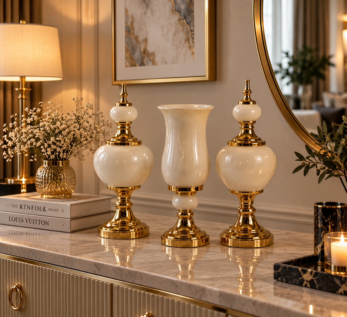 Fildişi Gold Dekoratif Vazo ve Küp 3’lü Salon Aksesuar Seti