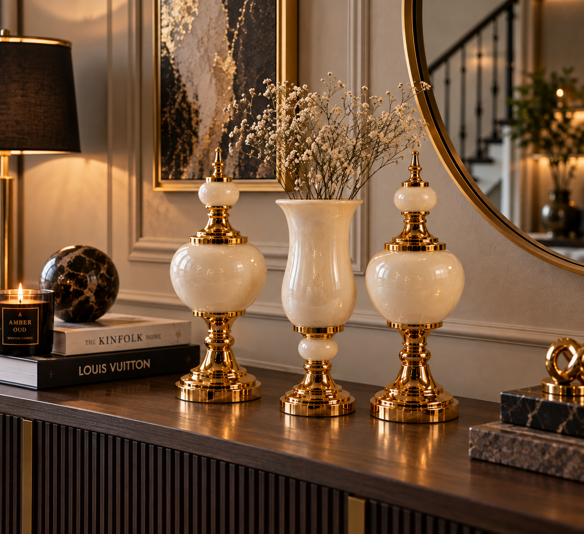 Fildişi Gold Dekoratif Vazo ve Küp 3’lü Salon Aksesuar Seti