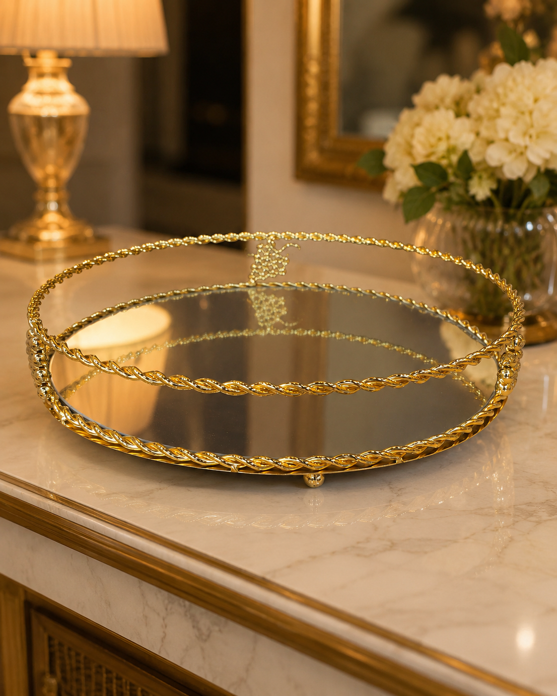 Gold Üzüm Motifli Aynalı Oval Dekoratif Tepsi Lüks Sunum Tepsisi& Sleep Nova