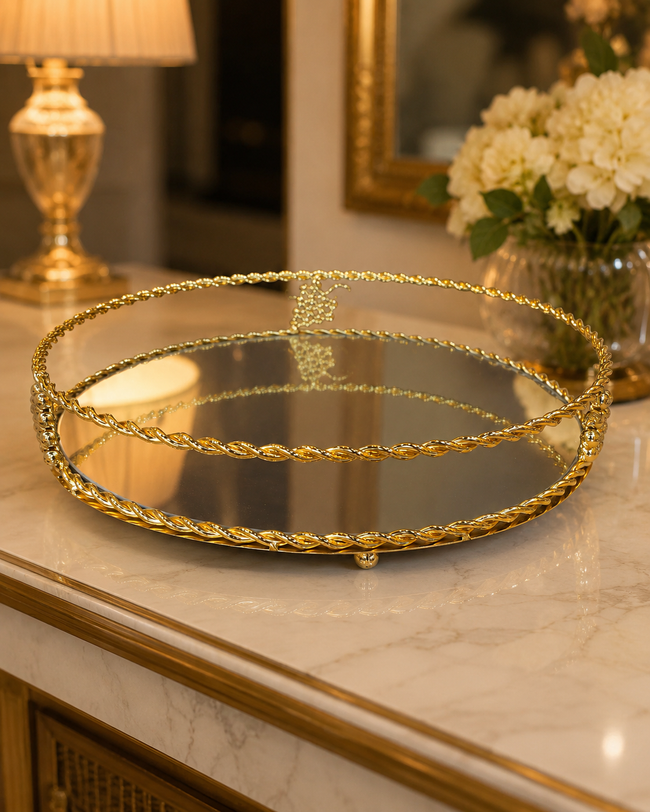 Gold Üzüm Motifli Aynalı Oval Dekoratif Tepsi Lüks Sunum Tepsisi& Sleep Nova