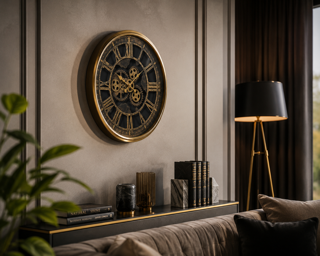 Vintage Gear Gold Dekoratif Duvar Saati – Büyük Boy Metal Salon Saati& Sleep Nova