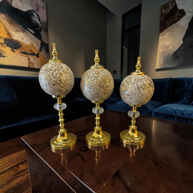Ivory Gold Mosaic Küre Dekoratif Obje Seti – Krem Mermer Desenli Lüks Modern 3’lü Masa Üstü Ev Aksesuarı& Sleep Nova