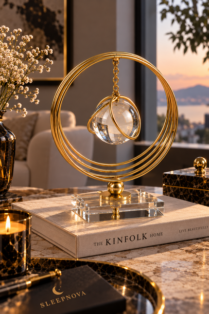 Gold Halkalı Kristal Küre Dekoratif Masa Aksesuarı