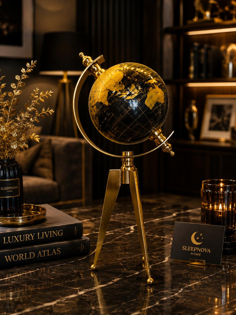 Gold Siyah Dekoratif Dünya Küresi – Metal Tripod Ayaklı Lüks Masaüstü Globe