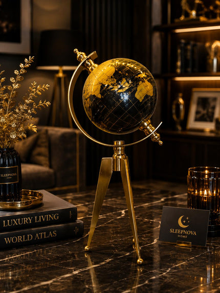Gold Siyah Dekoratif Dünya Küresi – Metal Tripod Ayaklı Lüks Masaüstü Globe& Sleep Nova
