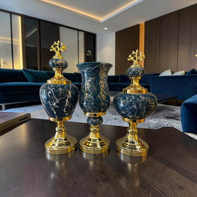 Emerald Black Marble Dekoratif Vazo & Obje Seti – Gold Detaylı Lüks Salon Aksesuarı (3’lü& Sleep Nova