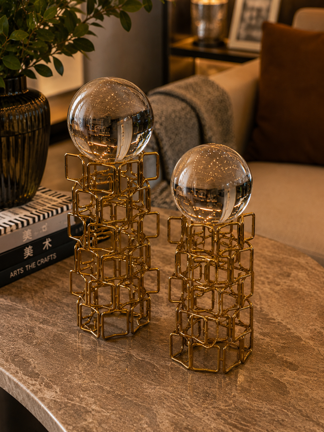 Royal Sphere Dekoratif Gold Metal Küre Biblo Seti Modern Salon Konsol Ofis Dekoru 2'li& Sleep Nova