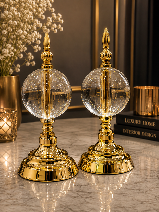 Gold Crystal Cam Küre Dekoratif Obje Seti – Altın Metal Modern Salon & Ofis Aksesuarı (2'li)& Sleep Nova