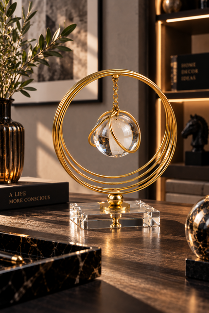 Gold Halkalı Kristal Küre Dekoratif Masa Aksesuarı