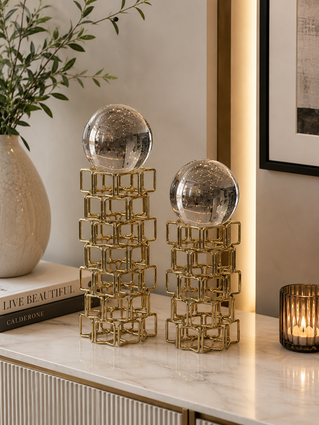 Royal Sphere Dekoratif Gold Metal Küre Biblo Seti Modern Salon Konsol Ofis Dekoru 2'li& Sleep Nova