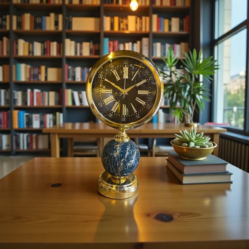 Imperial Globe Gold Dekoratif Masa Saati – Mermer Desenli Lüks Ofis & Salon Saat& Sleep Nova