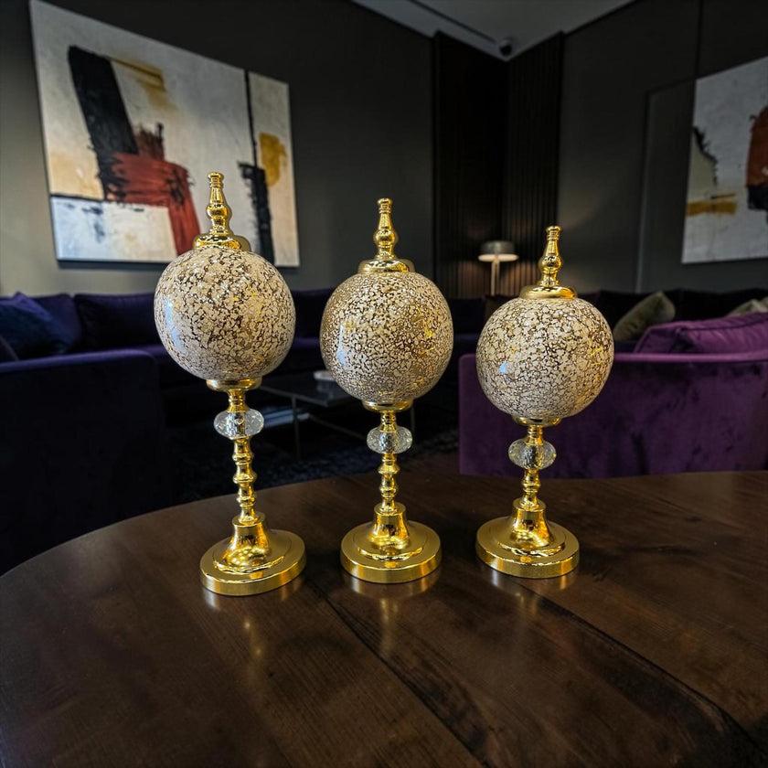 Ivory Gold Mosaic Küre Dekoratif Obje Seti – Krem Mermer Desenli Lüks Modern 3’lü Masa Üstü Ev Aksesuarı& Sleep Nova
