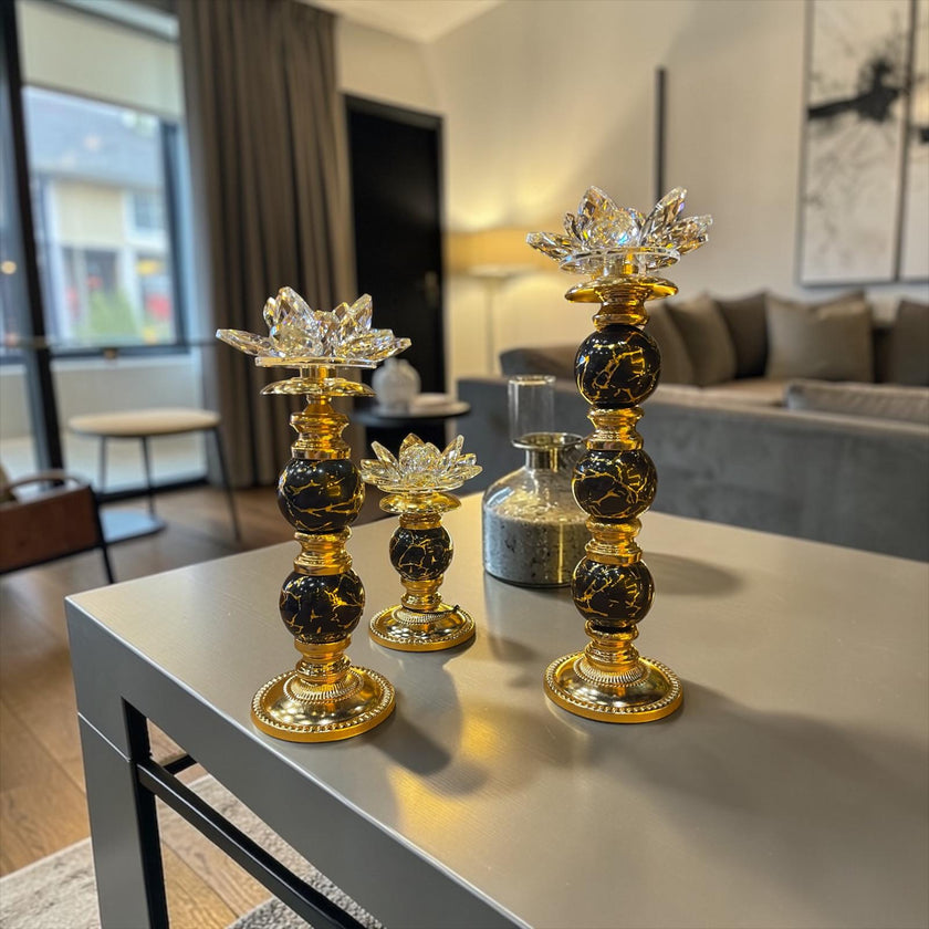 Lotus Kristal Dekoratif Şamdan Mumluk Gold Siyah Mermer Görünümlü Salon Masa Dekoru& Sleep Nova