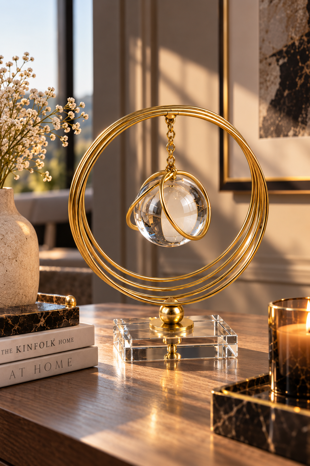 Gold Halkalı Kristal Küre Dekoratif Masa Aksesuarı