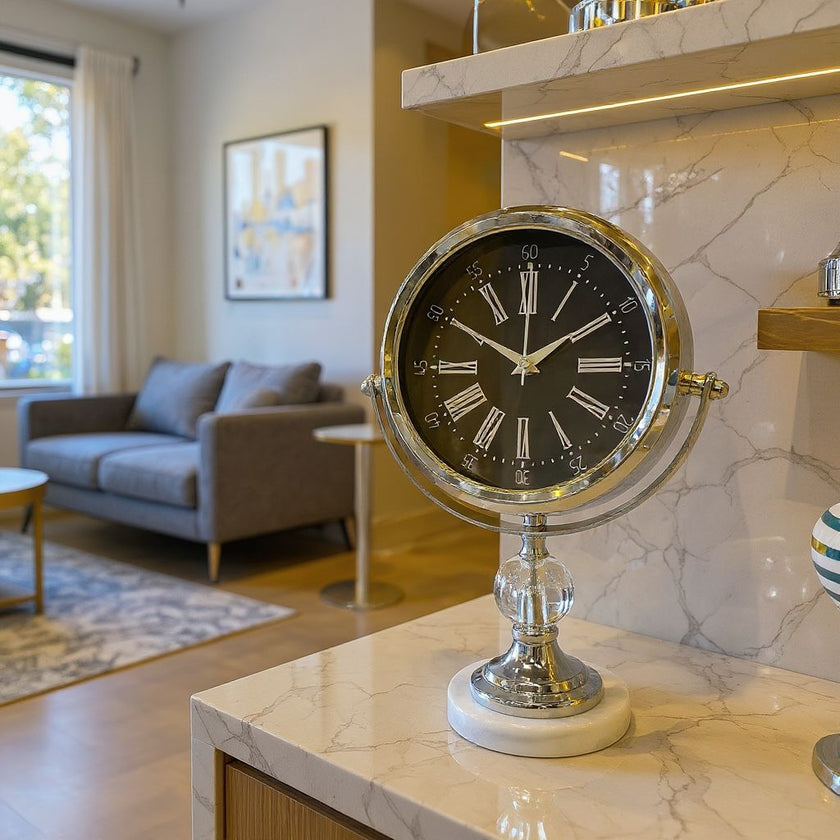 Mermer Taşlı Kar Küreli Dekoratif Masa Saati (Gümüş)& Sleep Nova