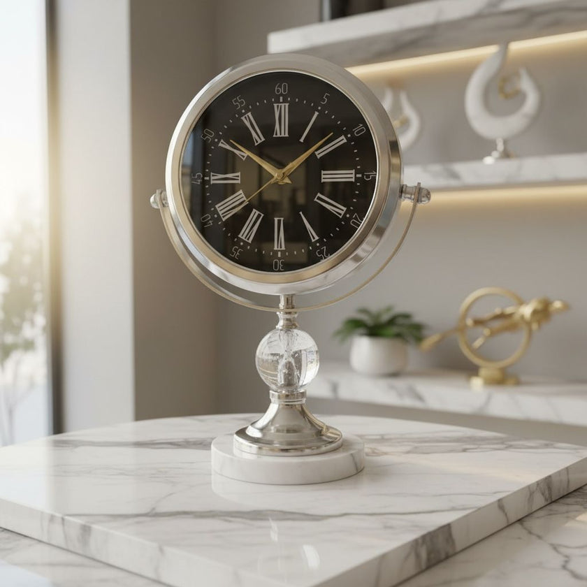 Mermer Taşlı Kar Küreli Dekoratif Masa Saati (Gümüş)& Sleep Nova