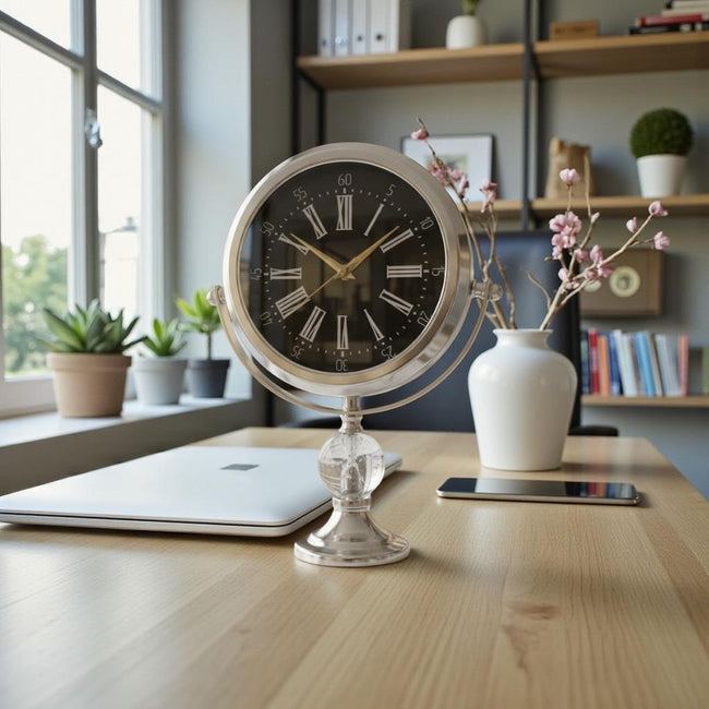 Mermer Taşlı Kar Küreli Dekoratif Masa Saati (Gümüş)& Sleep Nova