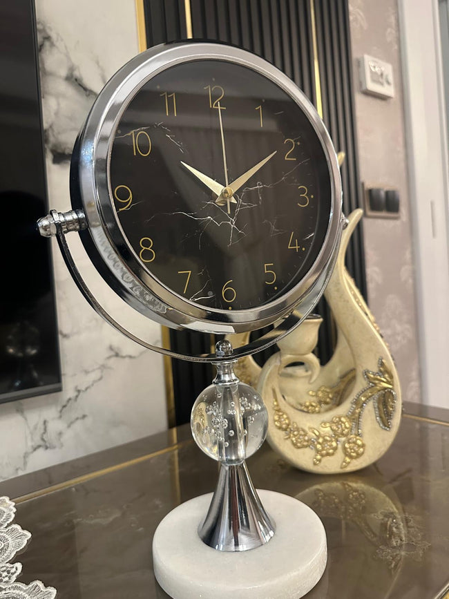 Mermer Taşlı Kar Küresi Şeklinde Dekoratif Masa Saati (Gümüş)& Sleep Nova