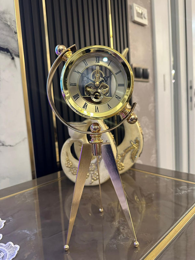 Lüks Gold Tripod Dekoratif Masa Saati – İskelet Mekanizmalı Retro Tasarım& Sleep Nova